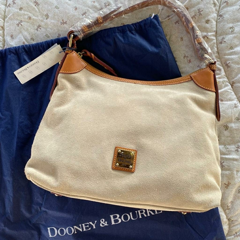 Dooney & Bourke Cream Suede Hobo with Tan Leather Trim